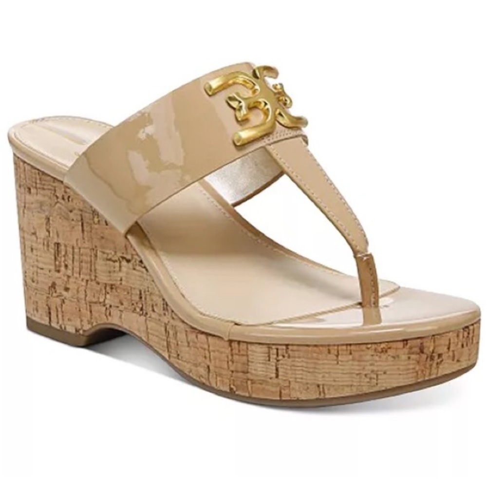 Sam Edelman Yardlie Emblem Platform Wedge Sandals beige patent leather Sz 8‎